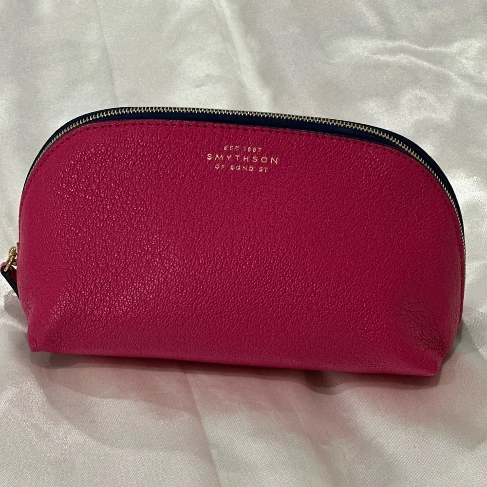 Smythson Of Bond St Cosmetic Case Panama Leather Fuschia Pink Gold Travel Chic